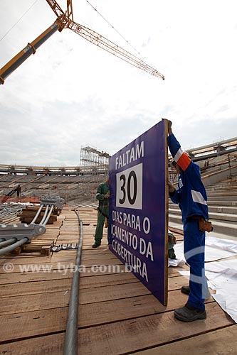  Reform Journalist Mario Filho Stadium - also known as Maracana - plaque informing period to hoisting cables that will support the roof of the stadium  - Rio de Janeiro city - Rio de Janeiro state (RJ) - Brazil