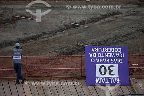  Reform Journalist Mario Filho Stadium - also known as Maracana - plaque informing period to hoisting cables that will support the roof of the stadium  - Rio de Janeiro city - Rio de Janeiro state (RJ) - Brazil