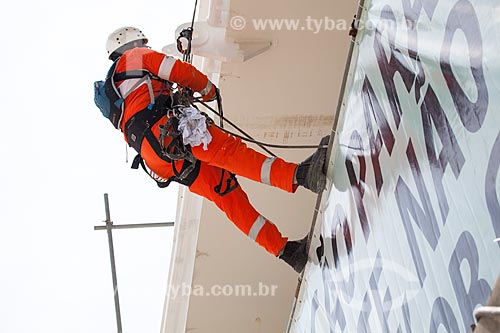  Reform Journalist Mario Filho Stadium - also known as Maracana - worker fixes the warning sign on the hoisting cables that will support the roof of the stadium   - Rio de Janeiro city - Rio de Janeiro state (RJ) - Brazil