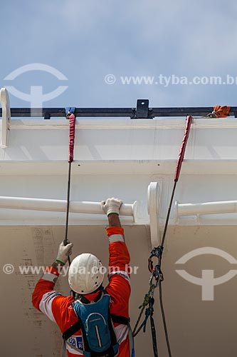  Reform Journalist Mario Filho Stadium - also known as Maracana - worker fixes the warning sign on the hoisting cables that will support the roof of the stadium   - Rio de Janeiro city - Rio de Janeiro state (RJ) - Brazil