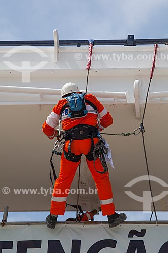  Reform Journalist Mario Filho Stadium - also known as Maracana - worker fixes the warning sign on the hoisting cables that will support the roof of the stadium   - Rio de Janeiro city - Rio de Janeiro state (RJ) - Brazil