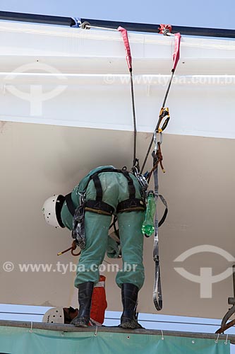  Reform Journalist Mario Filho Stadium - also known as Maracana - worker fixes the warning sign on the hoisting cables that will support the roof of the stadium   - Rio de Janeiro city - Rio de Janeiro state (RJ) - Brazil