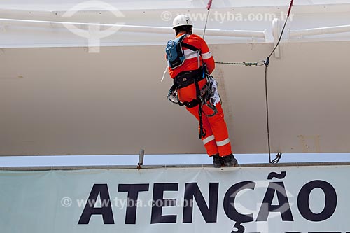  Reform Journalist Mario Filho Stadium - also known as Maracana - worker fixes the warning sign on the hoisting cables that will support the roof of the stadium   - Rio de Janeiro city - Rio de Janeiro state (RJ) - Brazil