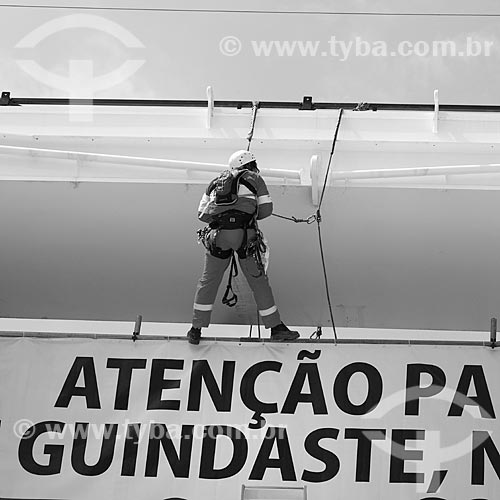  Reform Journalist Mario Filho Stadium - also known as Maracana - worker fixes the warning sign on the hoisting cables that will support the roof of the stadium   - Rio de Janeiro city - Rio de Janeiro state (RJ) - Brazil