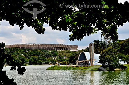  Sao Francisco de Assis Church (1943) - also known as Pampulha Church - on the banks of Pampulha Lagoon with the Governor Magalhaes Pinto Stadium (1965) - also known as Mineirao - in the background   - Belo Horizonte city - Minas Gerais state (MG) - Brazil