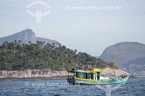  Subject: Boat near to Palmas Island - part of Natural Monument of Cagarras Island - with the Christ the Redeemer (1931) in the background / Place: Rio de Janeiro city - Rio de Janeiro state (RJ) - Brazil / Date: 11/2013 