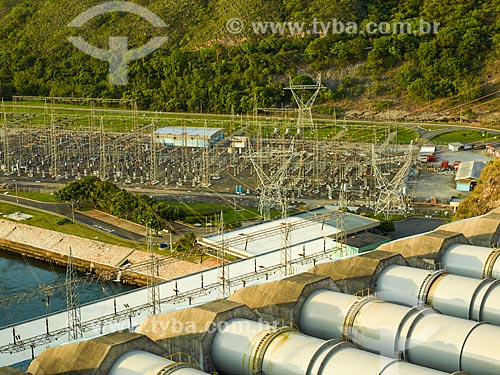  Subject: Powerhouse ducts of Furnas Hydroelectric Plant with substation in the background / Place: Sao Jose da Barra city - Minas Gerais state (MG) - Brazil / Date: 12/2013 