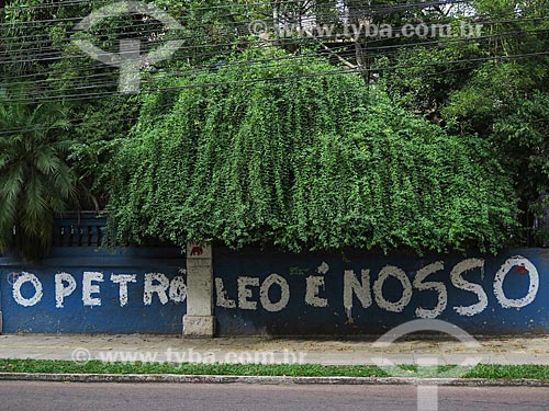  Subject: Wall with illegal graffiti that says: o petroleo é nosso (the oil is ours) / Place: Porto Alegre city - Rio Grande do Sul state (RS) - Brazil / Date: 05/2014 