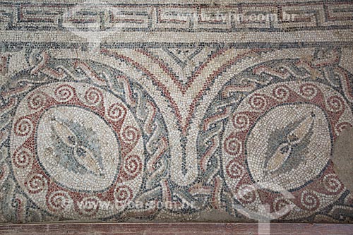  Detail of mosaic of the apodyterium - anteroom of the roman baths, locations that serve as locker rooms - Villa Romana del Casale - old palace building IV century  - Piazza Armerina city - Enna province - Italy