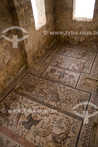  Detail of mosaic - Cubicle of the Hunters Children and Alcove Flower - Villa Romana del Casale - old palace building IV century  - Piazza Armerina city - Enna province - Italy