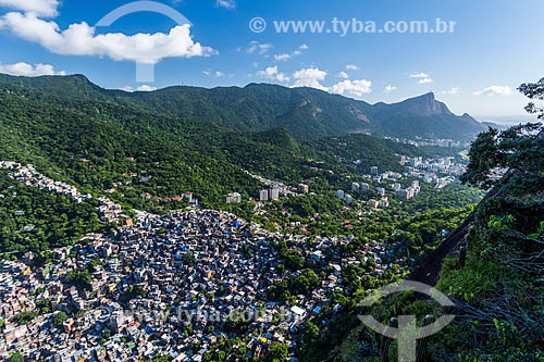  View of the Rocinha slum from trail to Morro Dois Irmaos (Two Brothers Mountain) with the Christ the Redeemer in the background  - Rio de Janeiro city - Rio de Janeiro state (RJ) - Brazil