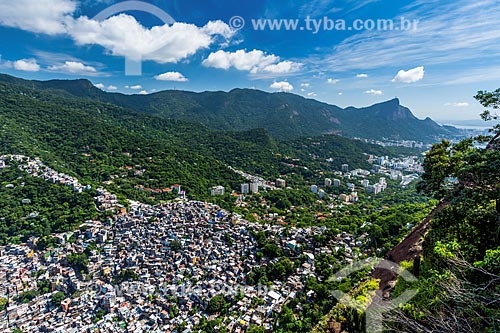  View of the Rocinha slum from trail to Morro Dois Irmaos (Two Brothers Mountain) with the Christ the Redeemer in the background  - Rio de Janeiro city - Rio de Janeiro state (RJ) - Brazil