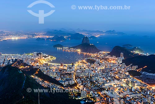  View of Botafogo neighborhood from mirante of the Christ the Redeemer with Sugar Loaf in the background during sunset  - Rio de Janeiro city - Rio de Janeiro state (RJ) - Brazil