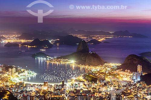  View of Botafogo neighborhood from mirante of the Christ the Redeemer with Sugar Loaf in the background during dawn  - Rio de Janeiro city - Rio de Janeiro state (RJ) - Brazil