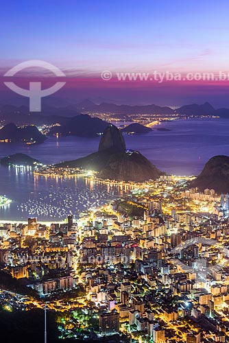  View of Botafogo neighborhood from mirante of the Christ the Redeemer with Sugar Loaf in the background during dawn  - Rio de Janeiro city - Rio de Janeiro state (RJ) - Brazil