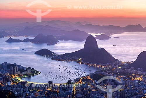  View of Botafogo neighborhood from mirante of the Christ the Redeemer with Sugar Loaf in the background during dawn  - Rio de Janeiro city - Rio de Janeiro state (RJ) - Brazil
