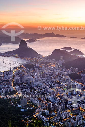  View of Botafogo neighborhood from mirante of the Christ the Redeemer with Sugar Loaf in the background during dawn  - Rio de Janeiro city - Rio de Janeiro state (RJ) - Brazil