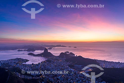  View of Botafogo neighborhood from mirante of the Christ the Redeemer with Sugar Loaf in the background during dawn  - Rio de Janeiro city - Rio de Janeiro state (RJ) - Brazil