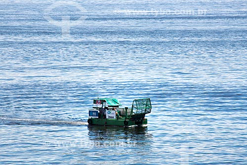  Detail of Ecoboat - boat with equipment that collects floating solid waste in the water - Guanabara Bay  - Rio de Janeiro city - Rio de Janeiro state (RJ) - Brazil