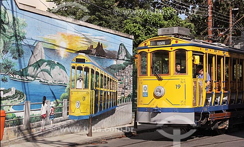  Wall with graffiti of Rio de Janeiro city postcards and Santa Teresa Tram - Almirante Alexandrino Street  - Rio de Janeiro city - Rio de Janeiro state (RJ) - Brazil