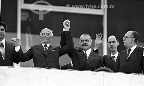  Ulysses Guimaraes - to the left - and Marco Maciel - to the right - during the Presidential inauguration of Jose Sarney  - Brasilia city - Distrito Federal (Federal District) (DF) - Brazil