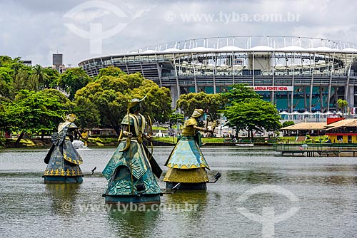  Sculpture representing 8 Orishas - Tororo Dike - with the Octavio Mangabeira Cultural Sports Complex - also known as Arena Fonte Nova - in the background  - Salvador city - Bahia state (BA) - Brazil