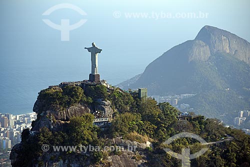  Aerial photo of the Christ the Redeemer (1931) with the Morro Dois Irmaos (Two Brothers Mountain) in the background  - Rio de Janeiro city - Rio de Janeiro state (RJ) - Brazil