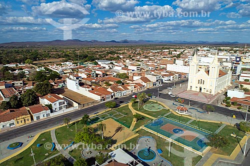  Picture taken with drone of the Matriz Square with the Our Lady of Remedies Mother Church to the right  - Sousa city - Paraiba state (PB) - Brazil