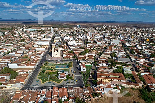  Picture taken with drone of the Matriz Square with the Our Lady of Rosario dos Pretos Church (1732) and the Our Lady of Remedies Mother Church in the background  - Sousa city - Paraiba state (PB) - Brazil