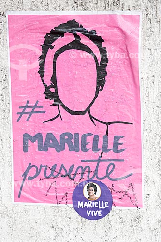  Detail of poster - tributes to remember 1 month for the murder of Vereadora Marielle Franco - John Paul I Street - where she got shot dead on March 14, 2018  - Rio de Janeiro city - Rio de Janeiro state (RJ) - Brazil