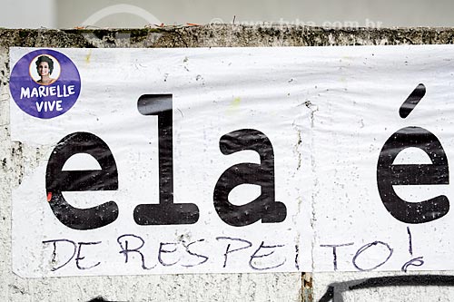  Detail of protest messages to remember 1 month for the murder of Vereadora Marielle Franco - John Paul I Street - where she got shot dead on March 14, 2018  - Rio de Janeiro city - Rio de Janeiro state (RJ) - Brazil