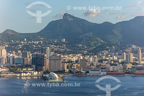  Aerial photo of the Amanha Museum (Museum of Tomorrow) and the buildings from the city center of Rio de Janeiro with the Christ the Redeemer (1931) in the background  - Rio de Janeiro city - Rio de Janeiro state (RJ) - Brazil