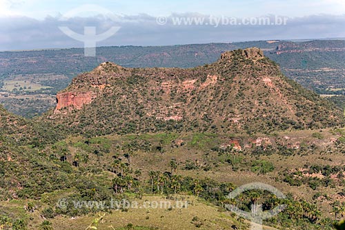  Picture taken with drone of the sandstone formations with typical vegetation of cerrado  - Jatai city - Goias state (GO) - Brazil