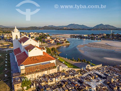  Picture taken with drone of the Our Lady of Nazareth Church (1837) and the Municipal Cemetery of Saquarema during the sunset  - Saquarema city - Rio de Janeiro state (RJ) - Brazil