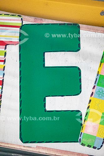  Detail of placard with the letter: E - Luiz Gonzaga Northeast Traditions Centre  - Rio de Janeiro city - Rio de Janeiro state (RJ) - Brazil