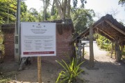 Sign with guidance and rules for visitors to the Guarani Tekoa Mirim Village - Aracruz city - Espirito Santo state (ES) - Brazil