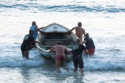 Fishermen on fishing boat - Fishing village Z-13 - on Post 6 of Copacabana Beach - Rio de Janeiro city - Rio de Janeiro state (RJ) - Brazil