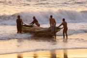 Fishing boat entering the sea - Fishing village Z-13 - on Post 6 of Copacabana Beach - Rio de Janeiro city - Rio de Janeiro state (RJ) - Brazil