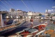 View of berthed boats - Acai Fair port with the Ver-o-peso Market (XVII century) in the background - The 90s - Belem city - Para state (PA) - Brazil