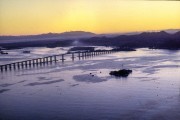 Aerial view of the Rio-Niteroi Bridge (1974) and Guanabara Bay at dawn - 90s - Rio de Janeiro city - Rio de Janeiro state (RJ) - Brazil