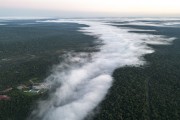 Picture taken with drone of clouds over the Iguaçu River at dawn - Foz do Iguacu city - Parana state (PR) - Brazil