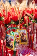 Red Fflowers with saints with image of Saint George at the Church of the Martyrs Sao Gonçalo Garcia and Sao Jorge, better known as the Church of Sao Jorge - Located on the corner of Alfandega Street and Republica Square - Rio de Janeiro city - Rio de Janeiro state (RJ) - Brazil