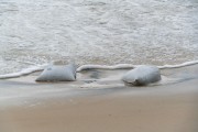 Sandbags used as a stair step displaced by the sea undertow - Rio de Janeiro city - Rio de Janeiro state (RJ) - Brazil