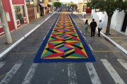 Picture taken with drone of street decorated for Corpus Christi procession - Potirendaba city - Sao Paulo state (SP) - Brazil