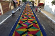 Picture taken with drone of street decorated for Corpus Christi procession - Potirendaba city - Sao Paulo state (SP) - Brazil