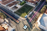 Picture taken with drone of street decorated for Corpus Christi procession - Potirendaba city - Sao Paulo state (SP) - Brazil