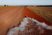 Picture taken with drone of tractor applying limestone for soil correction before planting - Balsamo city - Sao Paulo state (SP) - Brazil