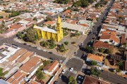 Picture taken with drone of the city with the Noss Senhora Aparecida Mother Church at Expedicionarios Square - Brodowski city - Sao Paulo state (SP) - Brazil