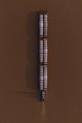 Picture taken with drone of a ferry transporting cargo on the Madeira River - Porto Velho city - Rondonia state (RO) - Brazil