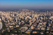 Picture taken with drone of the city of Curitiba and in the background you can see the air pollution - Curitiba city - Parana state (PR) - Brazil